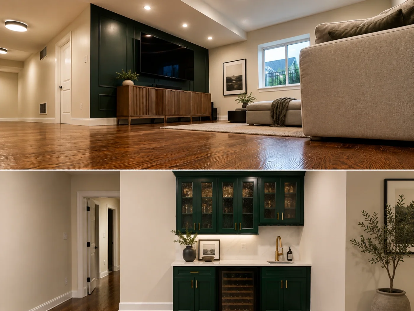 Finished basement with green accent wall, hardwood floors, and custom wet bar with green cabinets