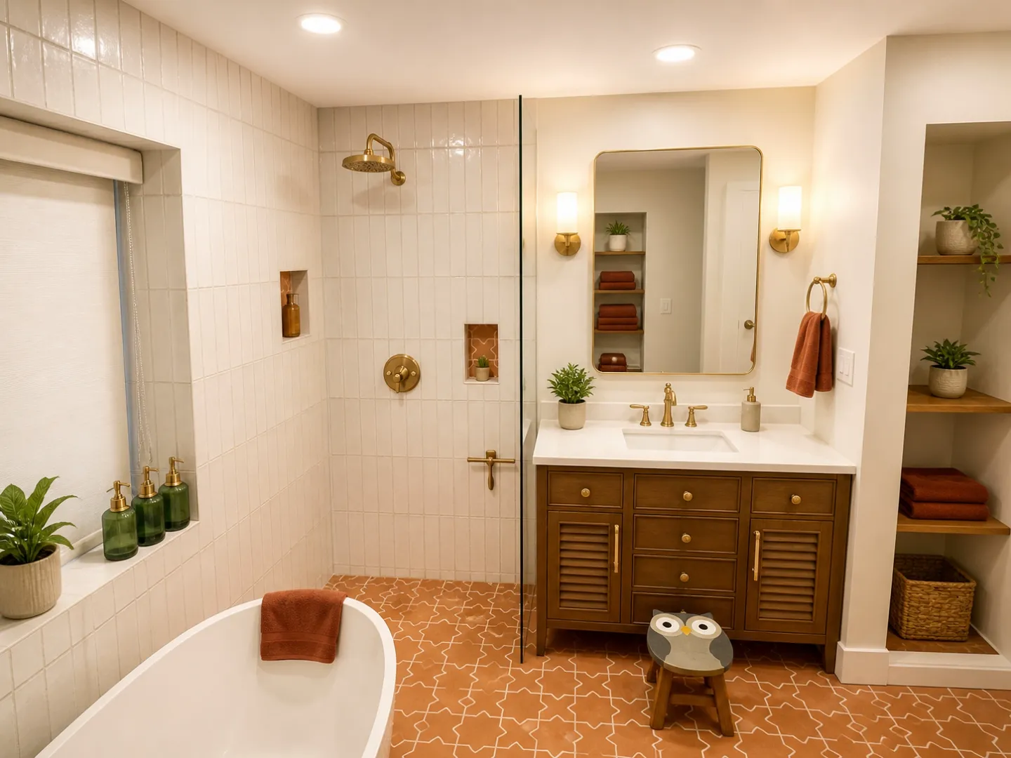 Spa-style bathroom with terracotta tile, soaking tub, and brass fixtures