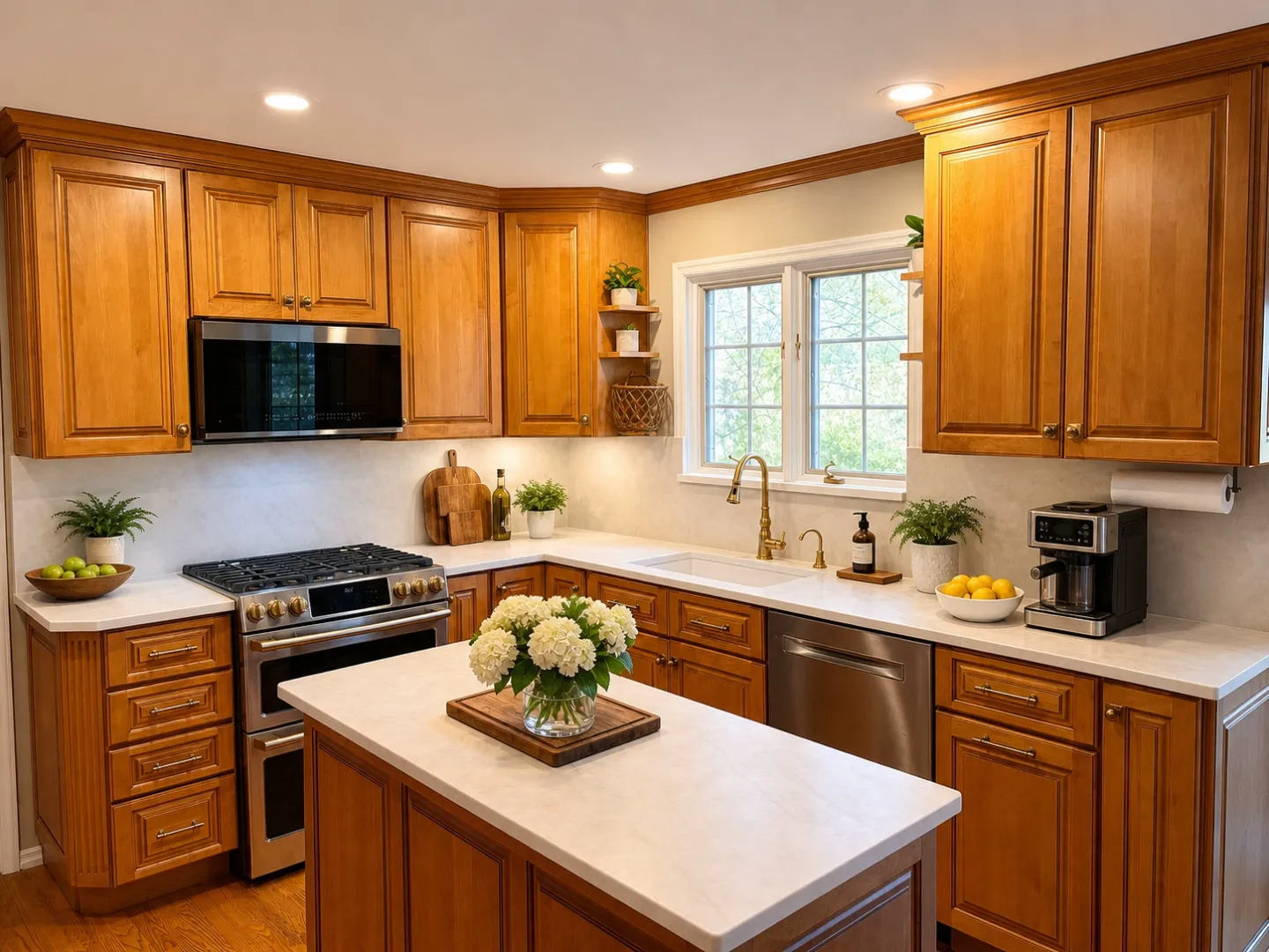 Kitchen remodel with honey oak cabinets and quartz counters