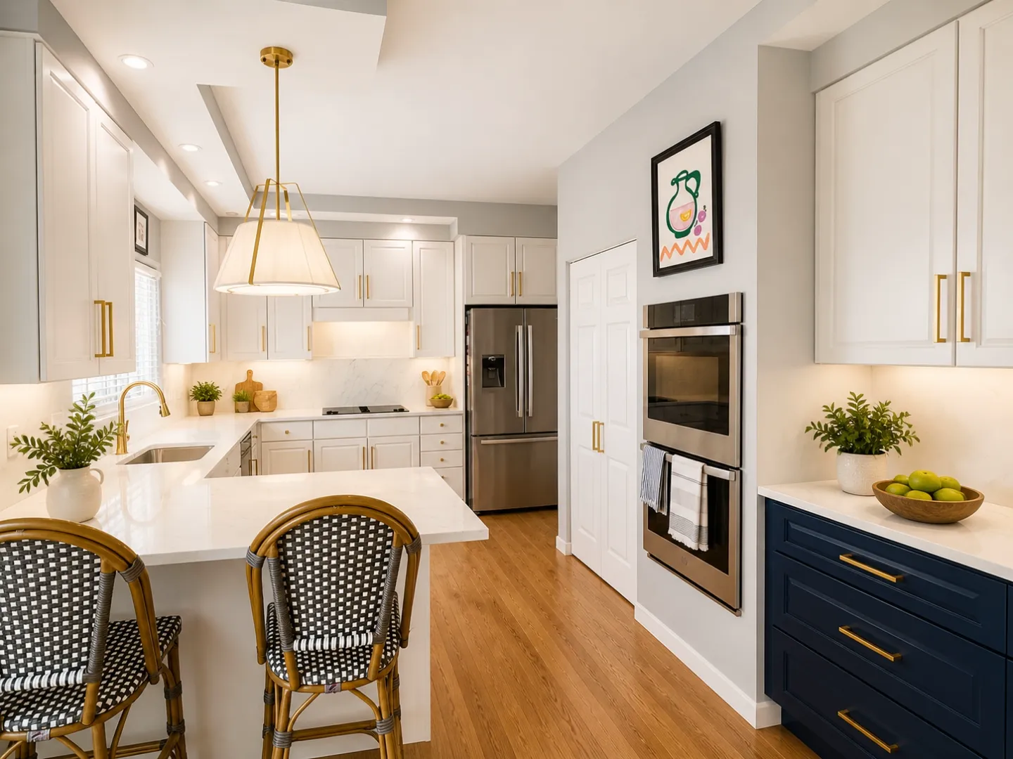 Kitchen remodel with white upper cabinets, navy lower cabinets, and brass hardware