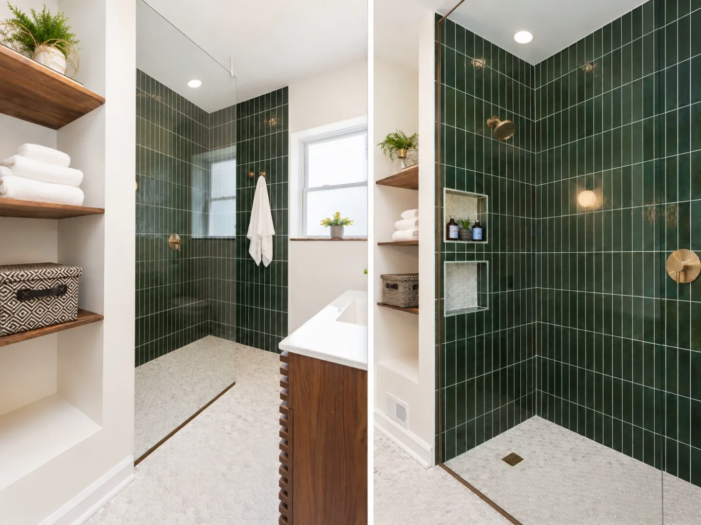 Master bathroom with forest green tile and brass fixtures