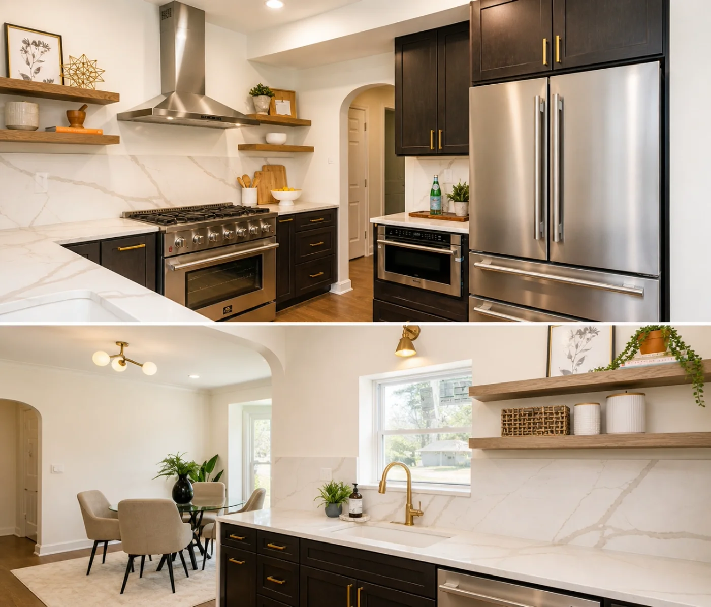 Kitchen with professional range, quartz backsplash, open wood shelves, and stainless appliances